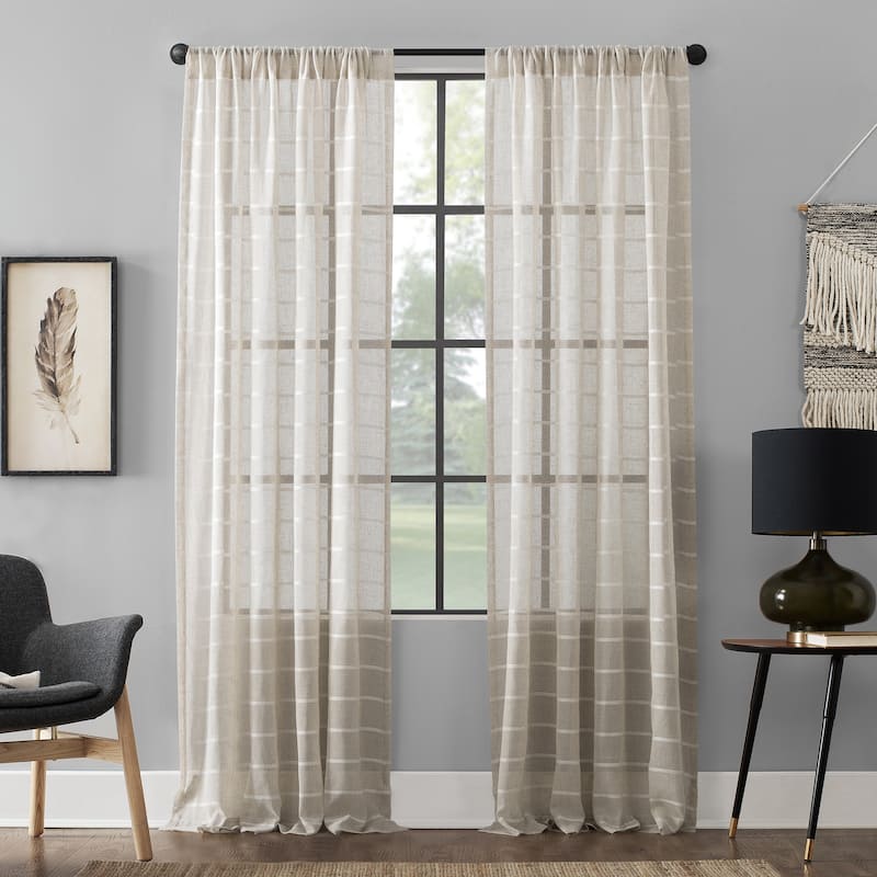 Clean Window Twill Stripe Anti-Dust Linen Blend Sheer Curtain Panel, Single Panel - white/linen - 52 x 63