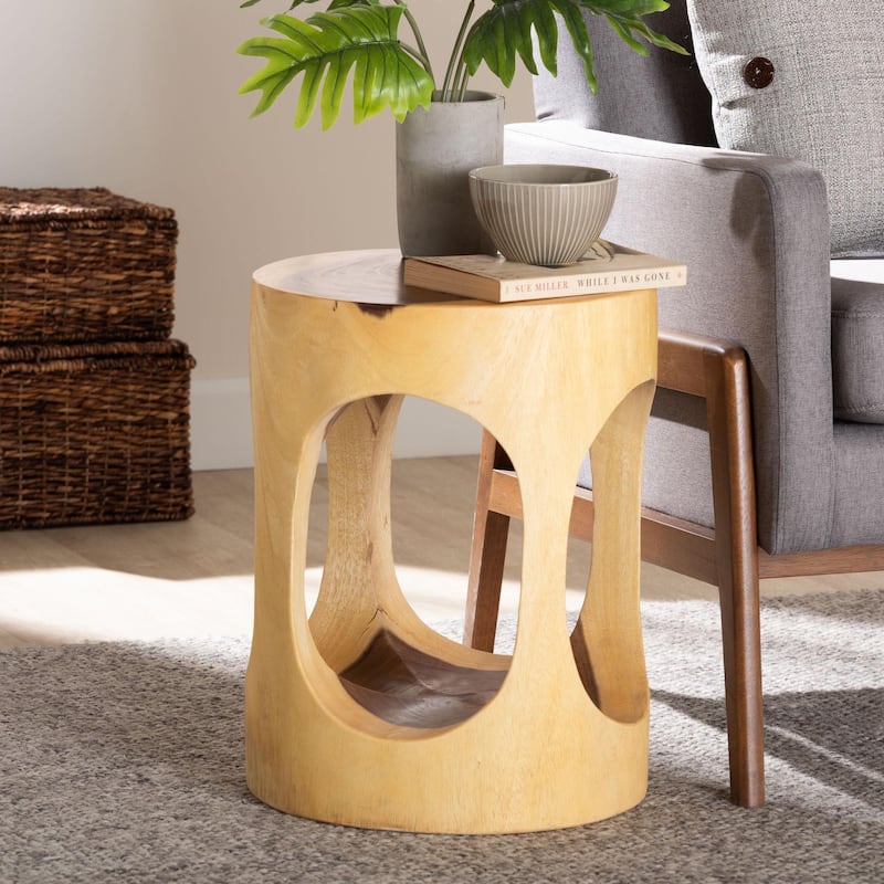 Kaseko Hand-carved Suar Wood Side Table - Sculptural Accent Table with Open Work Design, Boho Style for Living Room or Bedroom