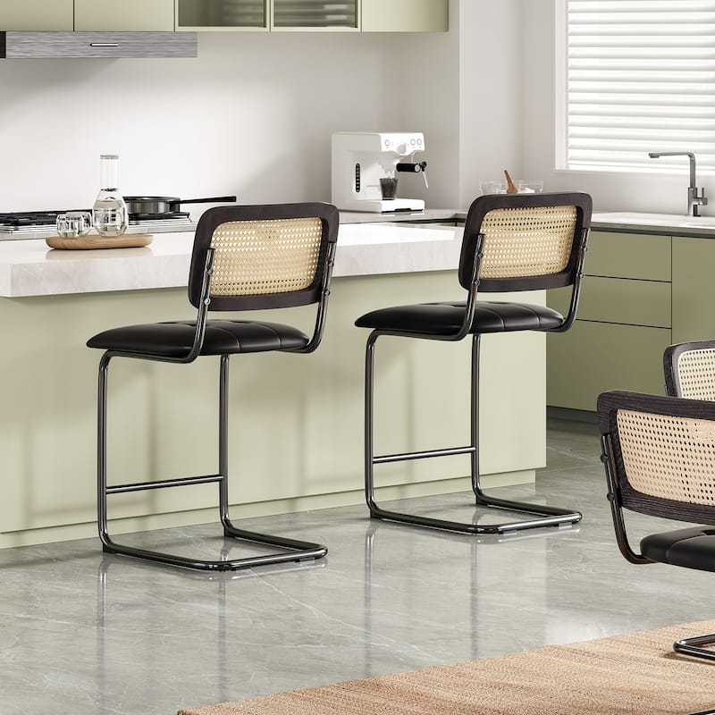 Counter Height Bar Stools Set of 2, Upholstered PU Leather Barstools with Rattan Back, 24 inch Stools Armless Bar Chairs