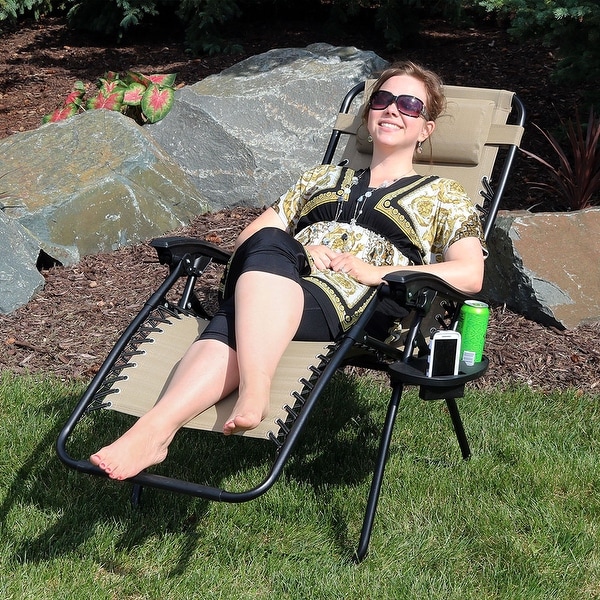 Sunnydaze Khaki Zero Gravity Lounge Lawn Chair with Pillow and Cup Holder