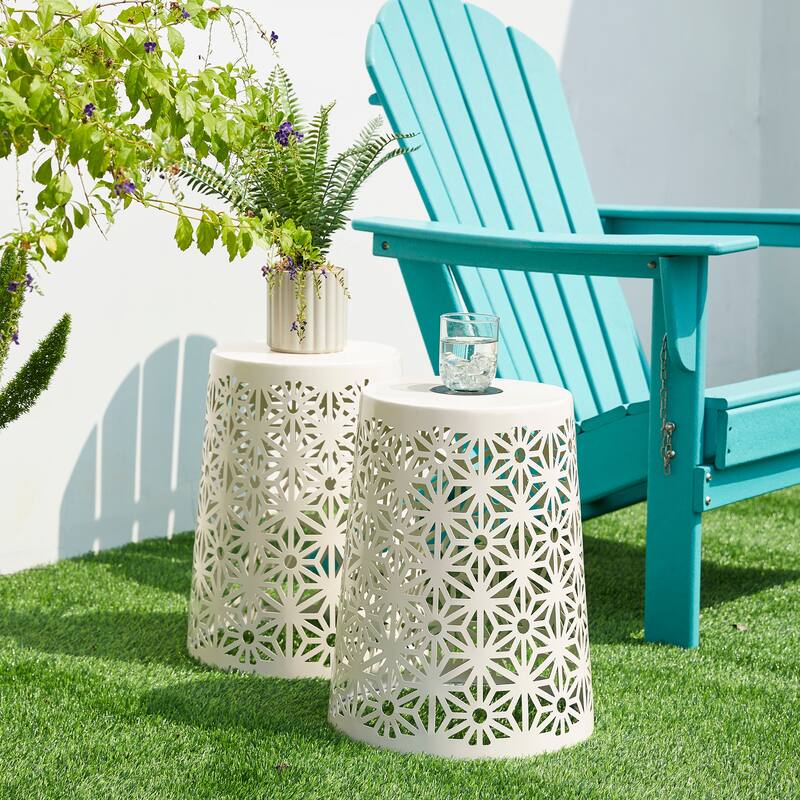 Glitzhome 17.5"H Set of 2 Cutout Geometric Pattern Solar Powdered LED Light Garden Stool - White