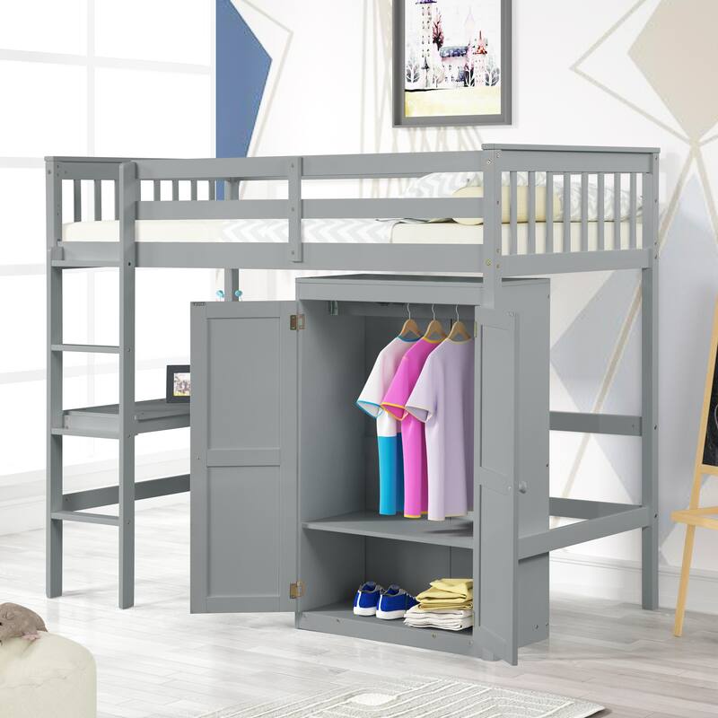 Modern & Multifunctional Twin Size Loft Bed with Desk and Wardrobe