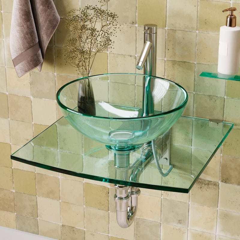 Clear Glass Wall Mounted Round Vessel Sink with Chrome Faucet and Drain Pack of 2