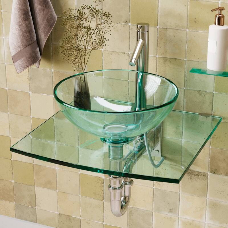 Glass Wall Mount Sink Halo 23.75" Tempered Glass Round Vessel Sink with Chrome Faucet and Sink Drain Renovators Supply