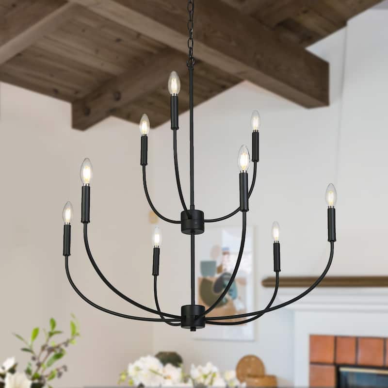 Oriea Modern Farmhouse 9-Light Black Chandelier Classic Candle Lights for Living Dining Room - D 32.3" x H 34"
