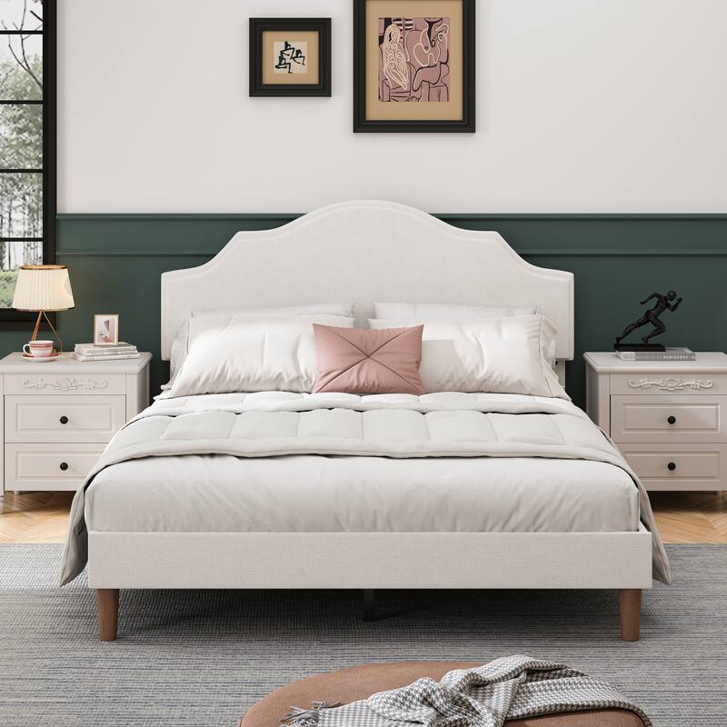Modern Simple Linen Upholstered Bed Platform Bed Frame with Adjustable Curved Headboard and Wooden Legs for Bedroom, Guest Room - White - Queen