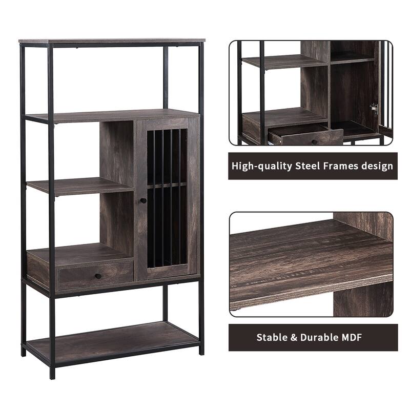 Home Office Bookcase, 5 Tier Bookshelf with Door and Drawer