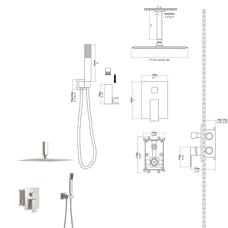 Ceiling Mount Shower System 16 Inch Shower Faucet Set with Handheld Shower Shower Faucet Kits with Pressure Balance Valve