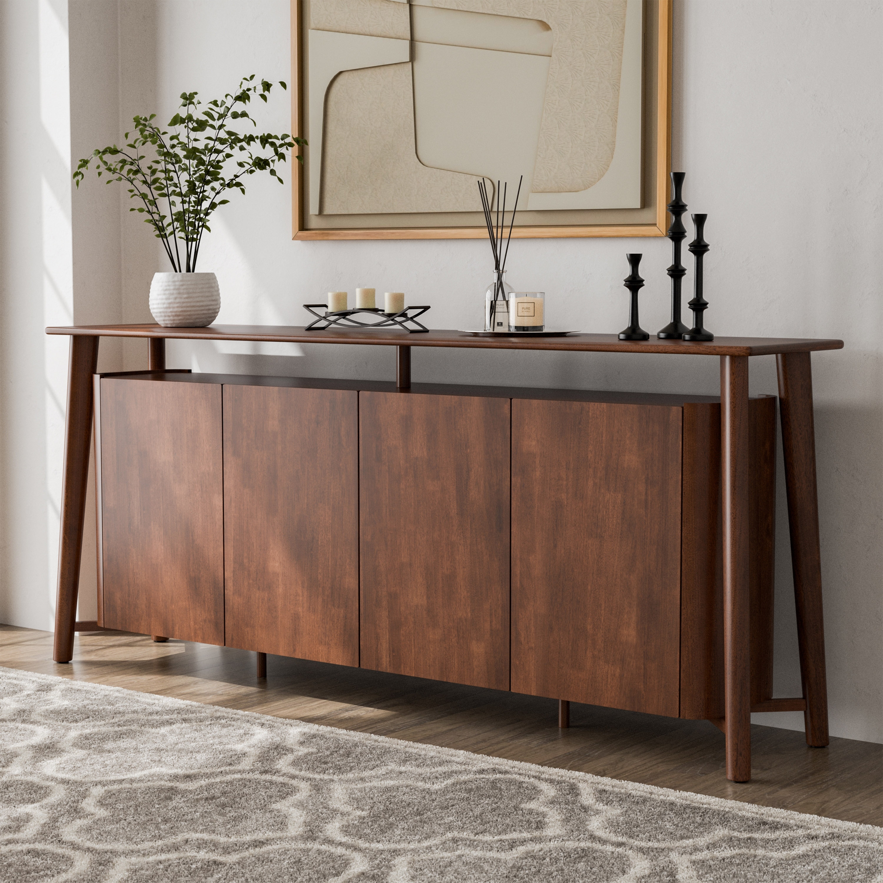 Furniture of America Abigail IV Mid-Century Modern Walnut Solid Wood Dining Sideboard with Hidden Drawers