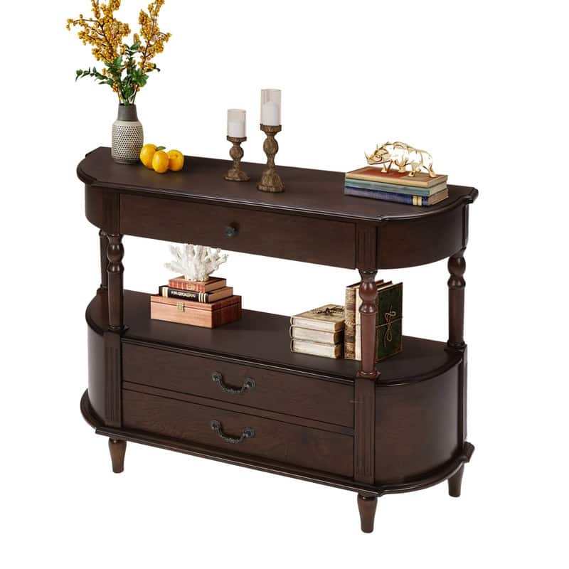 Retro 43" Curved Wood Console Table with 3 Drawers and Open Shelf, Sofa Table Behind Couch for Living Room and Hallway Storage
