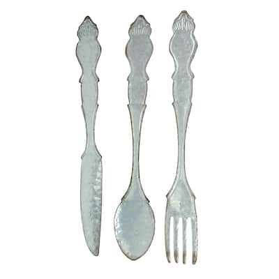 Zeckos 30 Inch Gray Metal Fork Spoon Knife Wall Hanging (Set Of 3)