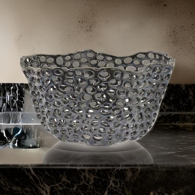 Hina 14 Inch Decorative Bowl, Mesh Design, Wavy Edges, Ceramic Blue Finish