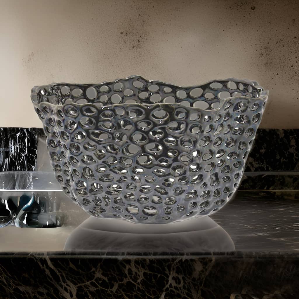 Hina 14 Inch Decorative Bowl, Mesh Design, Wavy Edges, Ceramic Blue Finish
