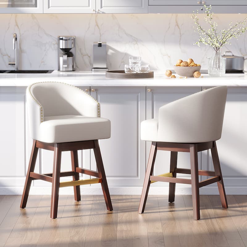 Counter Height Bar Stools Upholstered Solid Wood Swivel Barstool Set of 2/4 - Ivory White - Set of 2