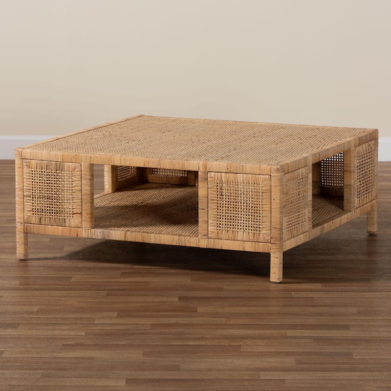 Kalimantan Bohemian Light Honey Rattan and Mahogany Wood Square Coffee Table