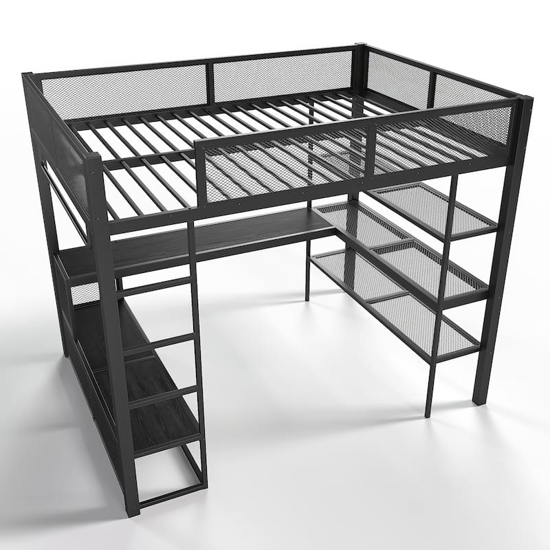 Queen Loft Bed with Metal Frame Desk Shelves and Hanging Rod