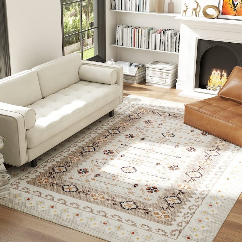 HOMCOM Area Rug 8x10, Machine Washable Rug, Non-Slip Boho Floral Print Floor Cover Foldable Carpet for Living Room