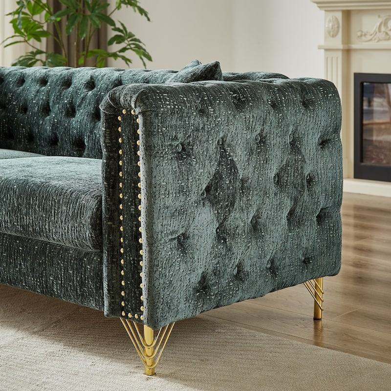 82-Inch Button-Tufted Chenille Sofa with Copper Nail Trim and Metal Legs, Chesterfield Design for Living Room or Office