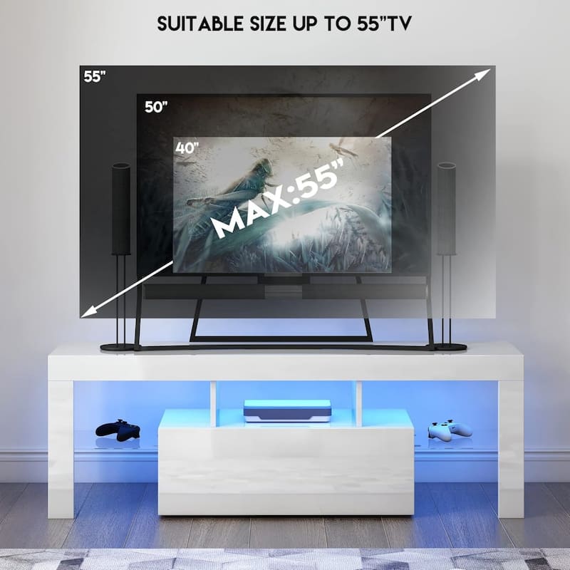 51" TV Stand with Flip Door, Glass Shelf & Glossy Finish for TVs Up to 55"