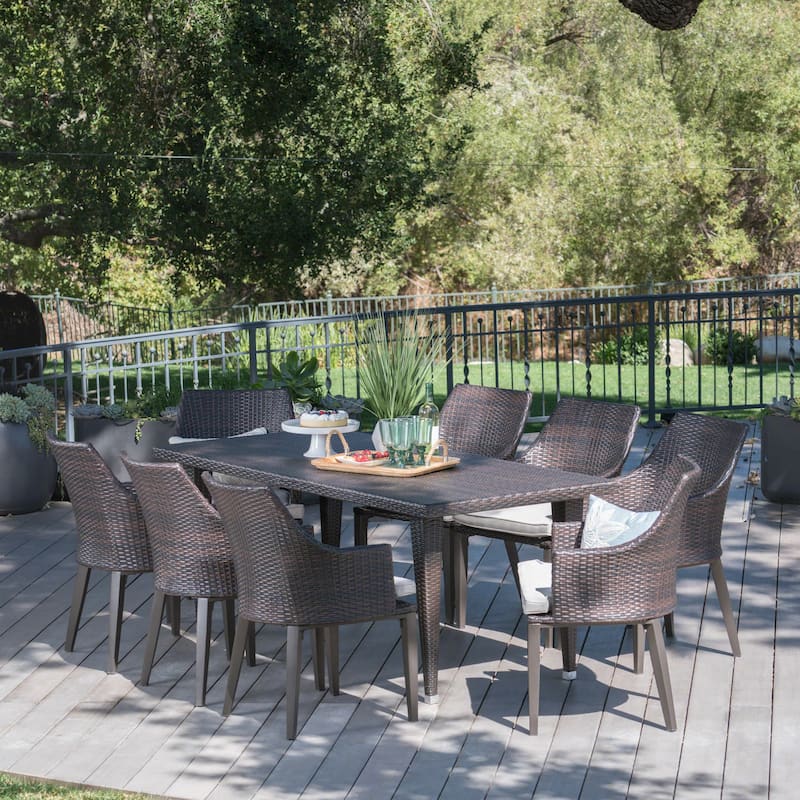Lenox Outdoor 9-piece Rectangular Wicker Dining Set with Cushions by Christopher Knight Home - Brown