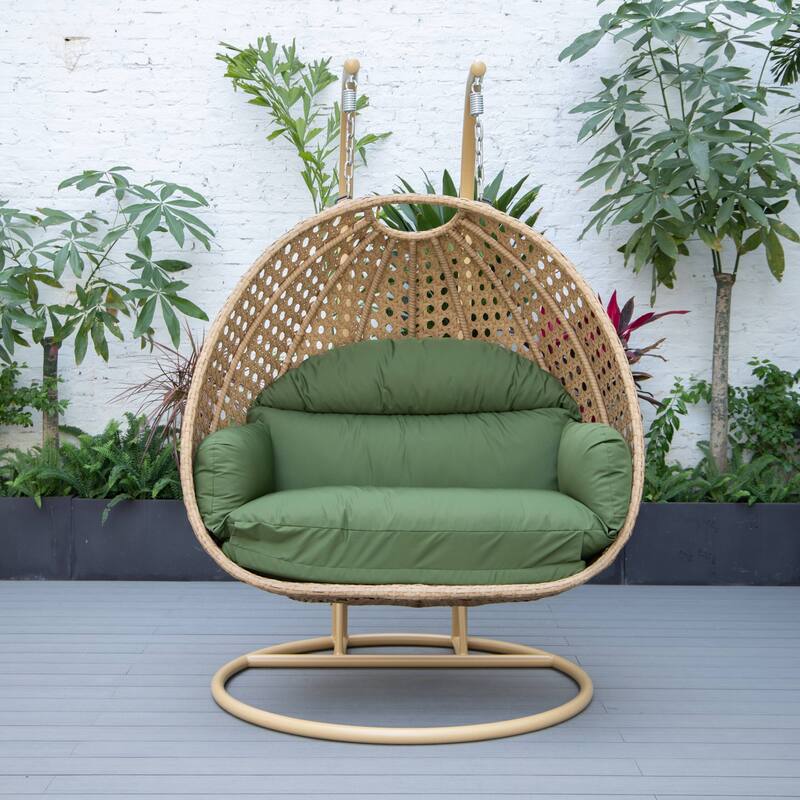 LeisureMod Mendoza 2-Person Hanging Egg Swing Chair - Handcrafted Light Brown Wicker, Patio Hammock Lounger with Cushions - 53"