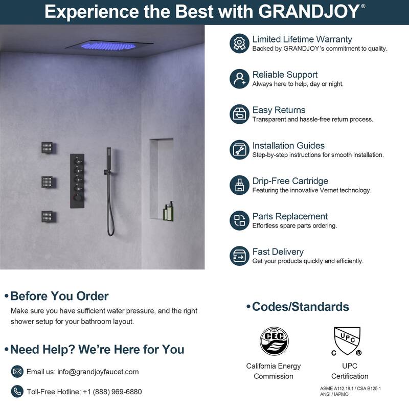 GRANDJOY Thermostatic Shower System 20" Ceiling Mount Shower Head Handheld Spray and Body Jets Combo LED Music