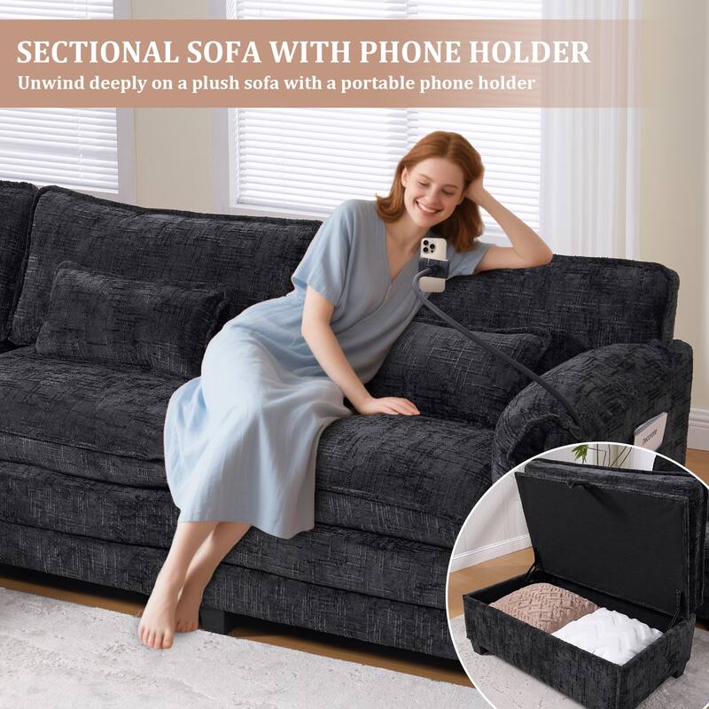 GALDWIN Chenille Upholstered L-shaped Modular Sectional Sleeper Sofa with Movable Storage Ottoman,USB&Type-C