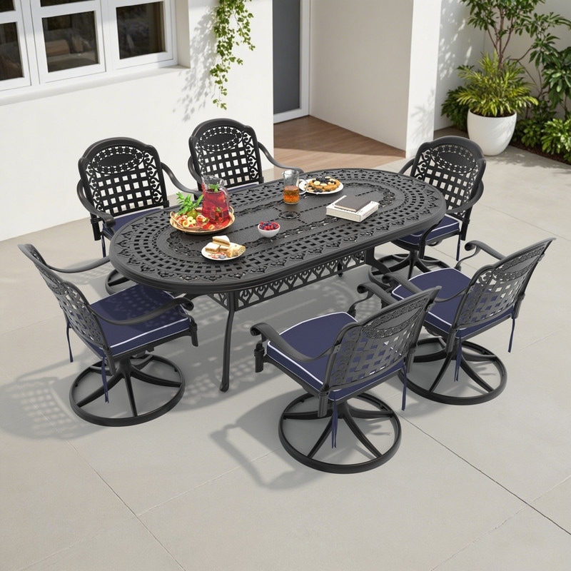 7-Piece Aluminum Oval Outdoor Patio Dining Set, 6 Cushioned Swivel Chairs, Table, All-Weather Frames
