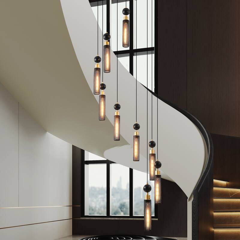 Industrial-Style 9-Light Chandelier Ceiling Light with Mesh Cylinder Shades, for Living Rooms, Dining Rooms and Staircases