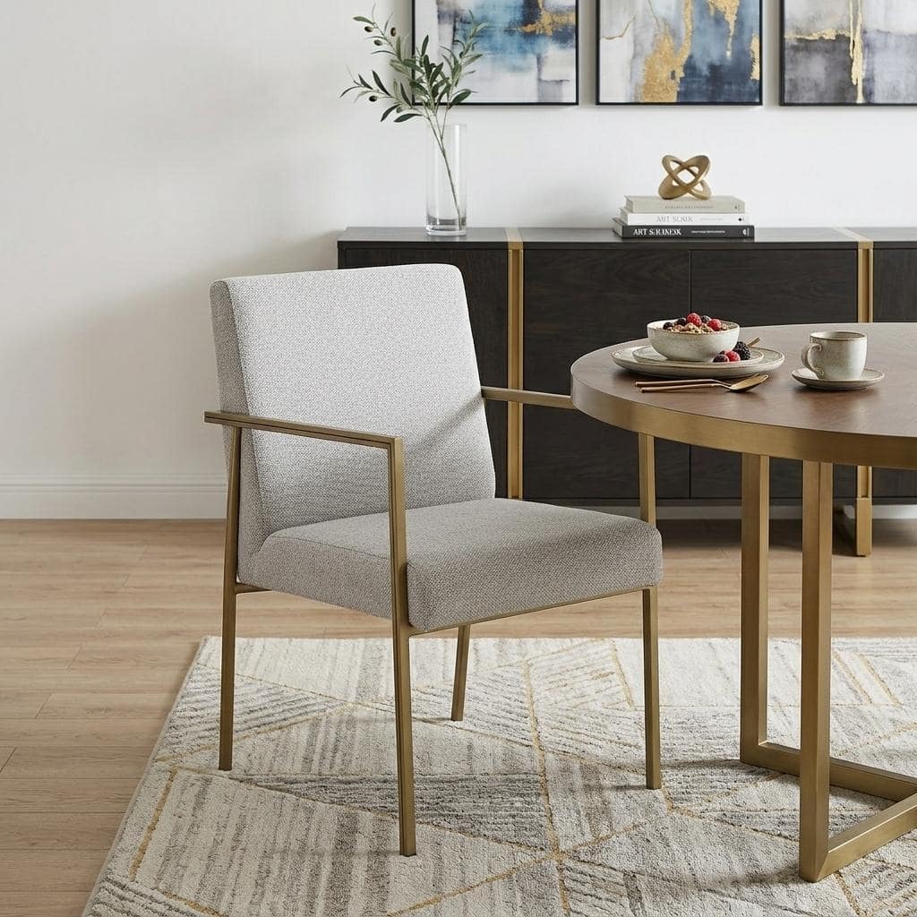 HomeRoots Light Gray And Brass Upholstered Fabric Dining Arm Chair - 21.50 in. x 33.00 in. x 24.00 in.