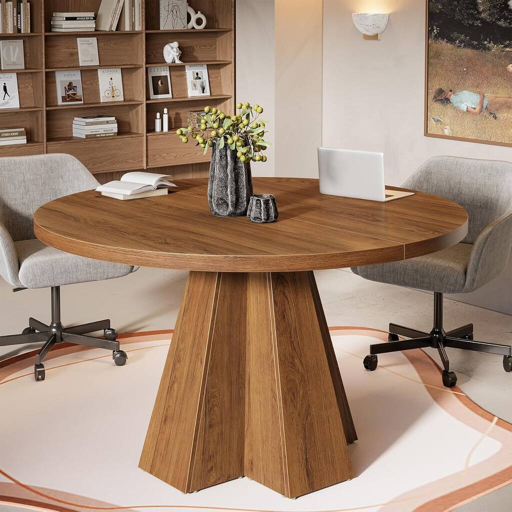 Round Conference Table, Small Meeting Table with Thickened Tabletop and Tapered Base