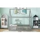 preview thumbnail 5 of 22, Full Size Solid Pine Wood House-Shaped Design Kids Bed Frame with Fence, Door and Distressed Washed Finish for Bedroom, Grey
