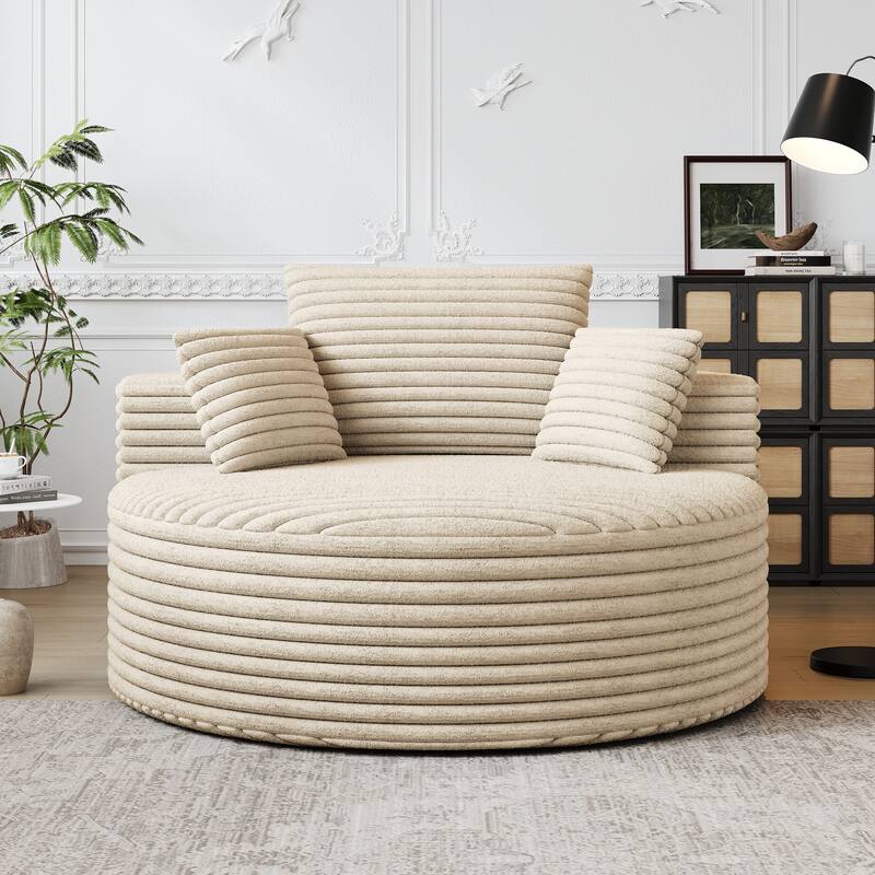 Corduroy Upholstered Single Sofa, Oversized Fluffy Sleeper Chair, Round Reading Chair with Headrest & 2 Pillow