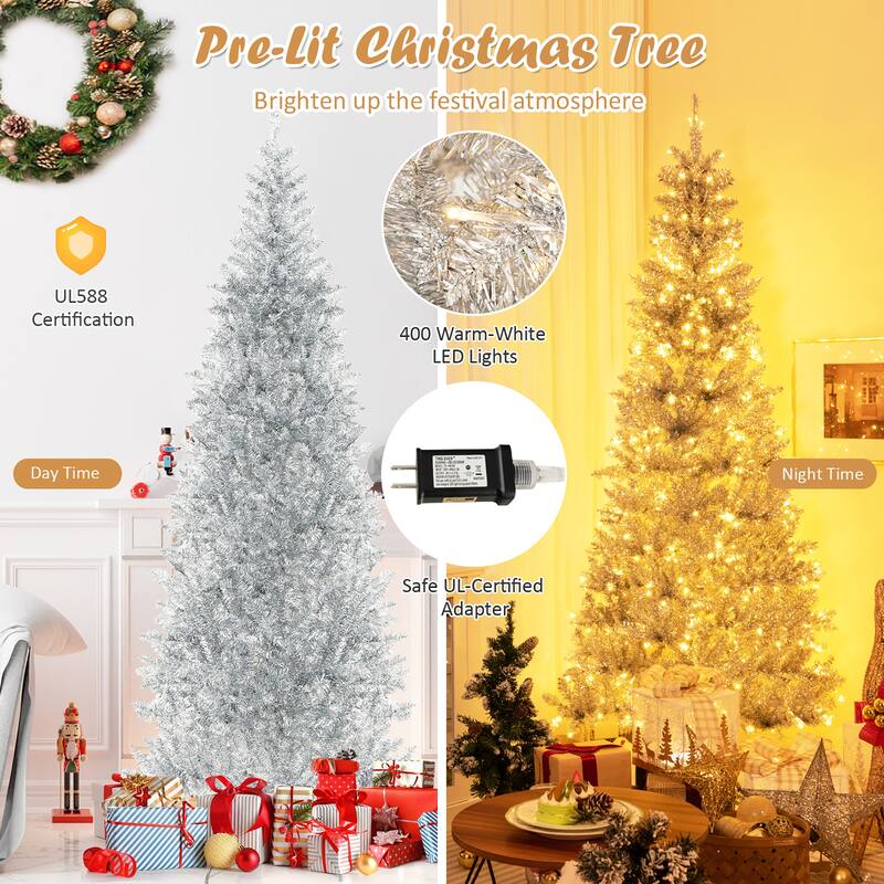 Gymax 7 FT Pre-lit Artificial Silver Tinsel Christmas Tree Slim Pencil