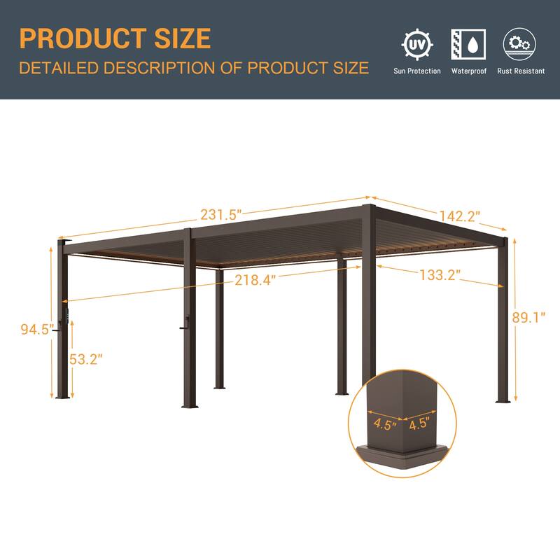 LIVOOSUN Outdoor Detachable Control Panel LED Equipped Pergola, Solar and USB Charging Options, Brown