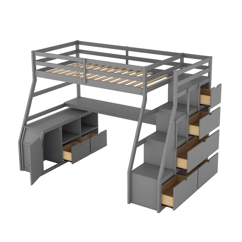 Twin Size Loft Bed with 7 Drawers, 2 Shelves, and Desk in Gray