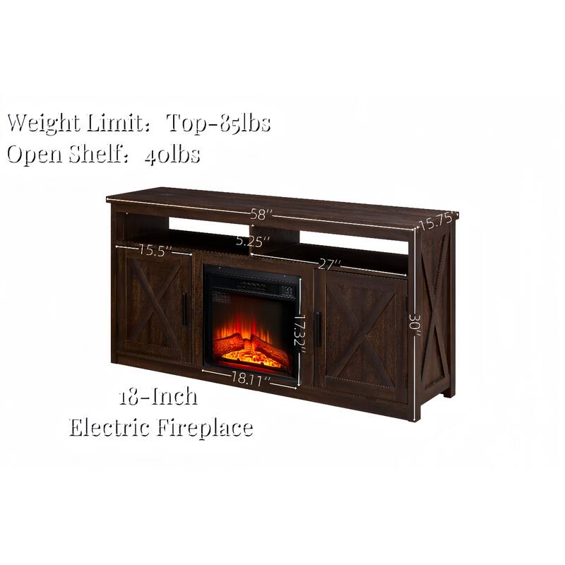 Farmhouse TV Media Stand, Large Barn Inspired Home Entertainment Console, with 18" Fireplace Insert, for TV Up to 65'', with Ope