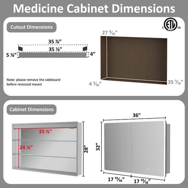 dimension image slide 5 of 9, Artemis Aluminum Recessed/Surface Mount Bathroom Medicine Cabinet with Mirror and Lights, Dimmable, Anti-Fog, Adjustable Shelf