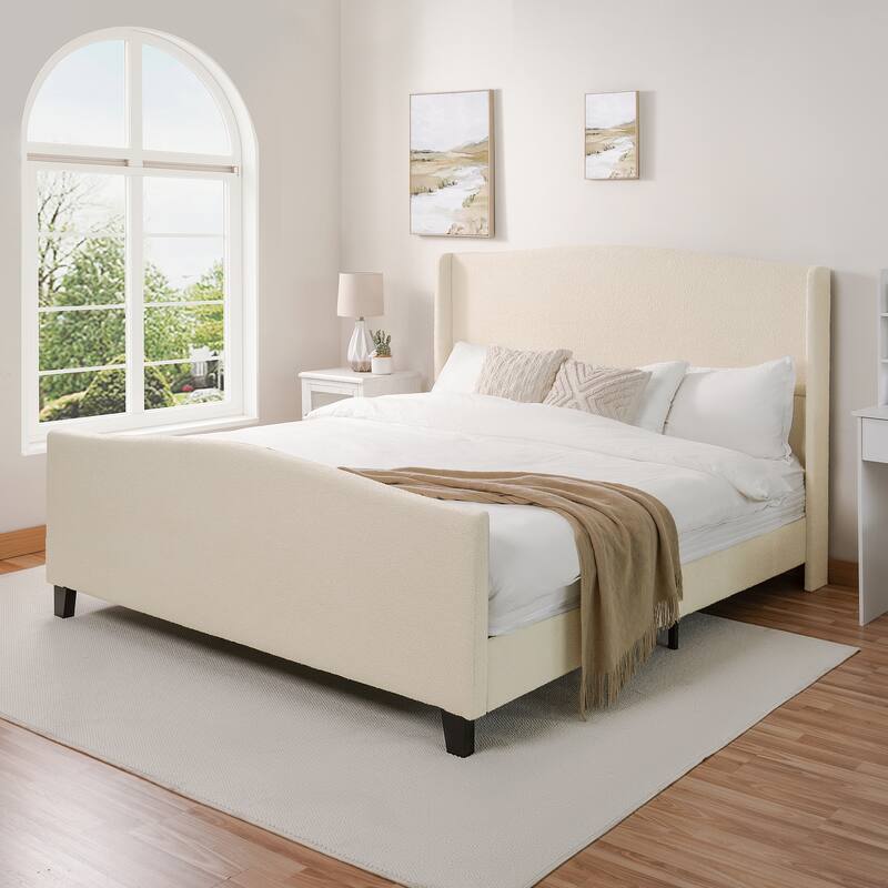 King Size Upholstered Bed Frame with High Back Headboard, Teddy Velvet, Solid Wood Legs, No Box Spring Needed