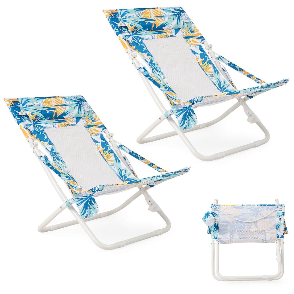 Costway Folding Low Beach Chair, Set of 2 with Padded Head Pillow,