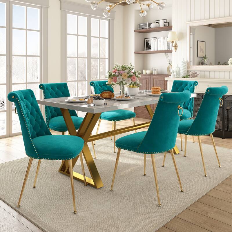 7-Piece Clihome Marble Dining Table with Velvet Chair Dining Chair - Green