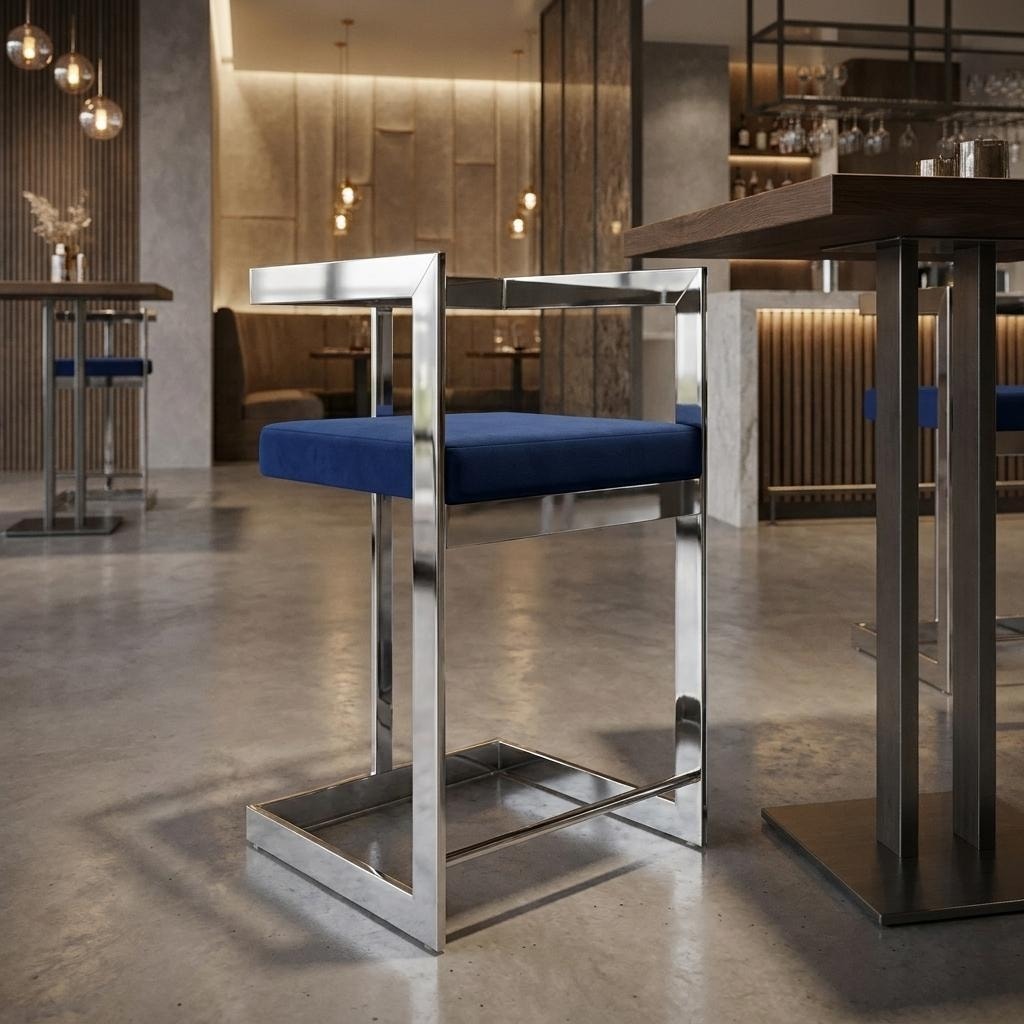 HomeRoots 26" Blue And Silver Velvet And Metal Low Back Counter Height Bar Chair