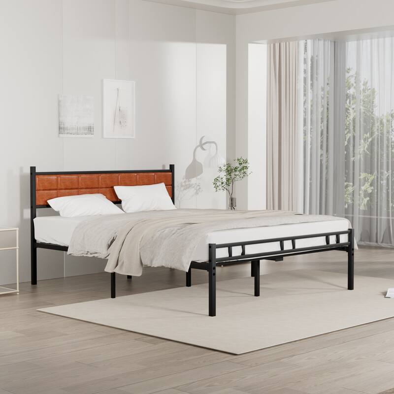 Javlergo Metal Bed Frame with PU Upholstered Headboard, No Box Spring Needed