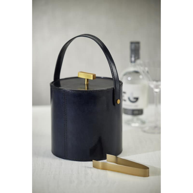 Somerstown Leather Ice Bucket with Gold Metal Ice Tong - 7.5" dia x 7.5"