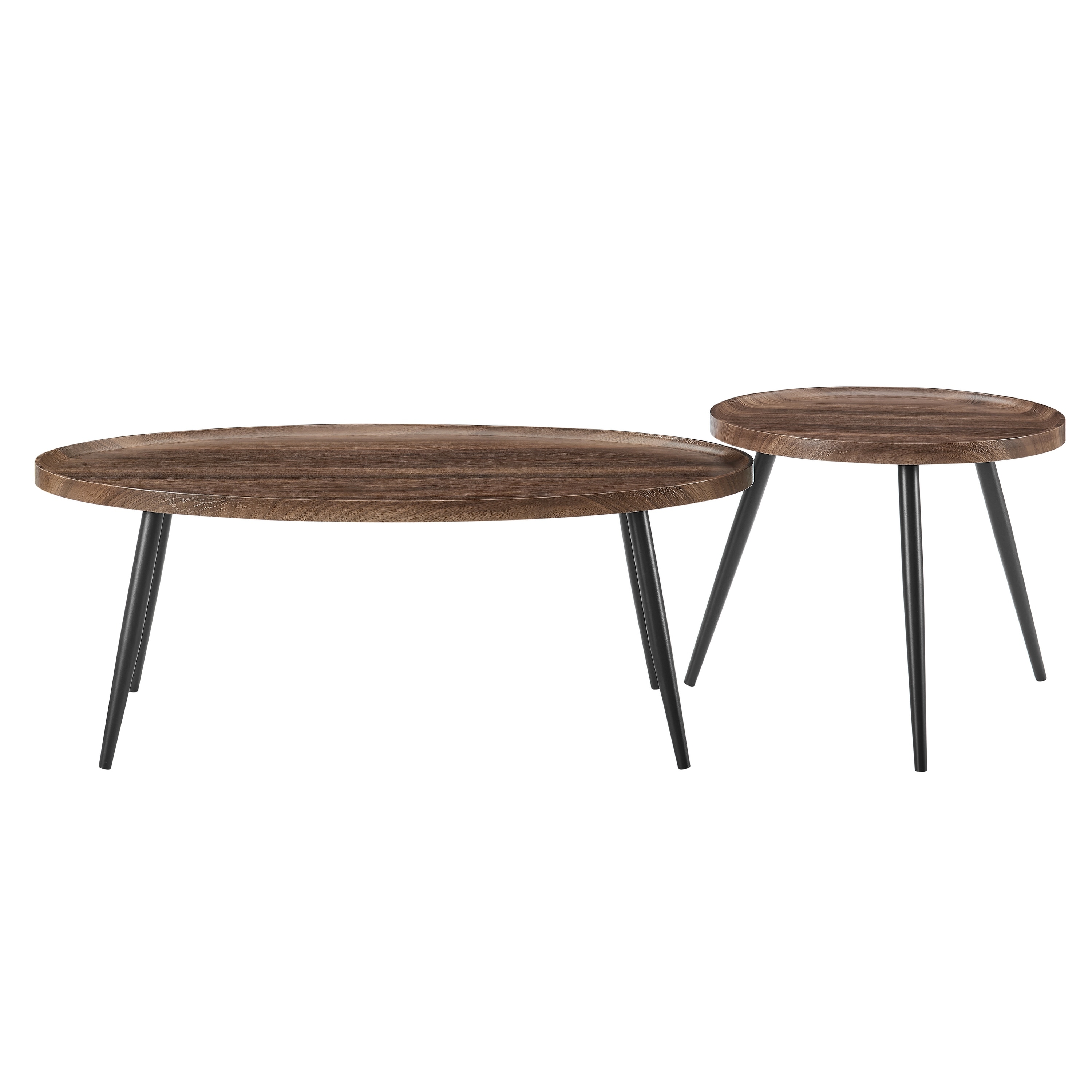 Danya B. Paxton Nesting Raised Lip Edge 2 Piece Coffee Table Set with Modern Black Metal Taper Legs Round and Oval Walnut MDF