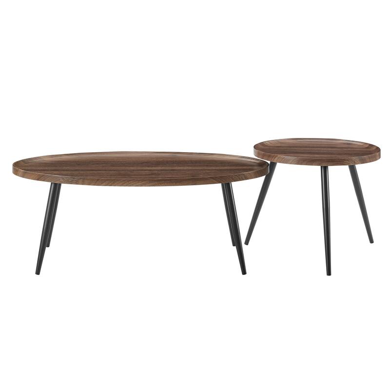 Danya B. Paxton Nesting Raised Lip Edge 2 Piece Coffee Table Set with Modern Black Metal Taper Legs - Round and Oval - Walnut