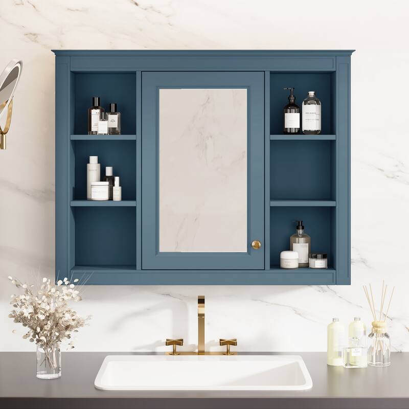 GDFStudio - Riggs Modern Wall-Mounted Bathroom Storage Cabinet with Mirror and Open Shelves (Not Include Bathroom Vanity)