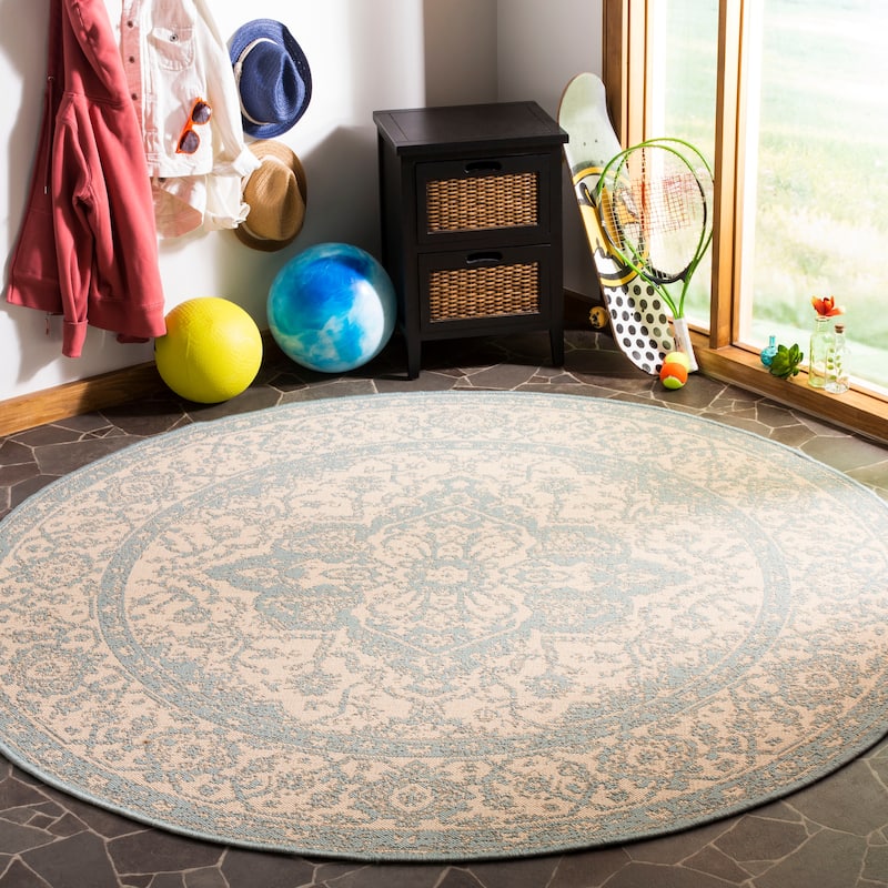 SAFAVIEH Linden Louann Indoor/ Outdoor Waterproof Patio Backyard Rug - 6'7" Round - Cream/Aqua