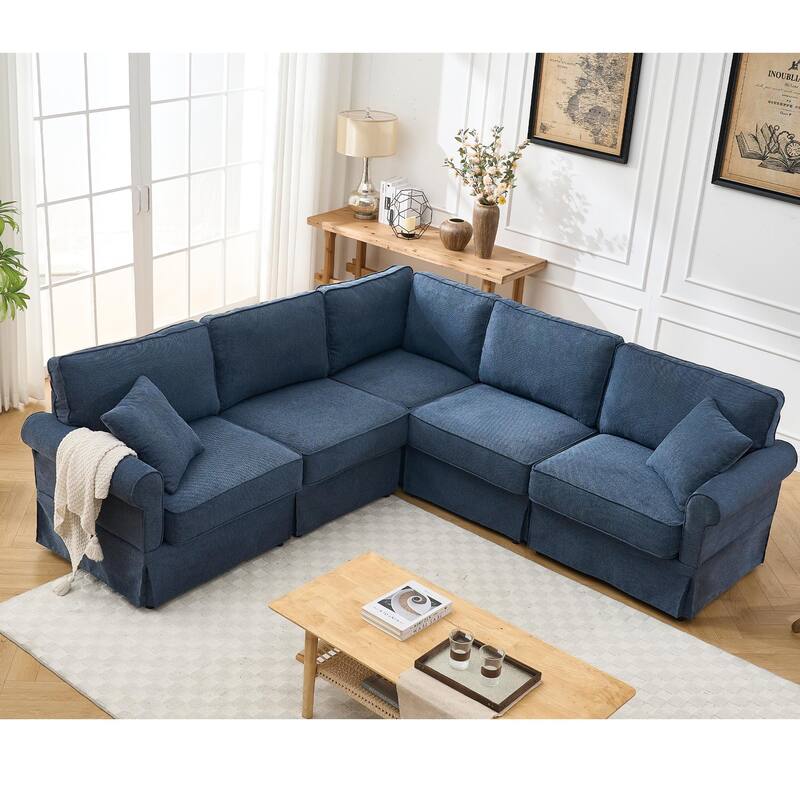 Modular Sectional Sofa, Convertible L-Shaped Upholstered Couch with Rolled Arms, Classic Reversible Corner Sofa for Living Room - Dark Blue