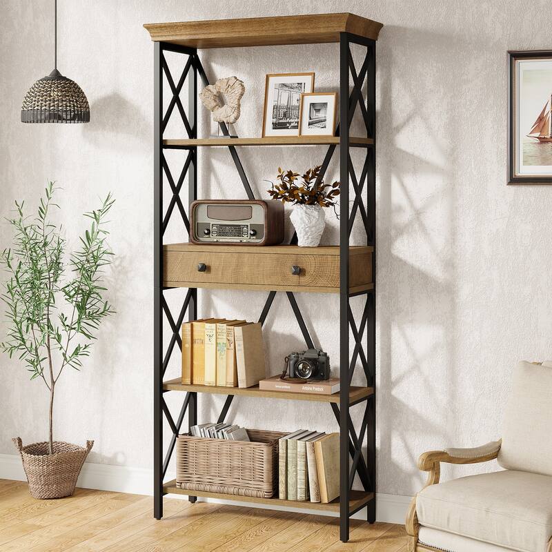 70.9" Wood Bookshelf with Drawers, Open Storage Shelf Bookcase, Living Room Office Bedroom Display Accent Shelf